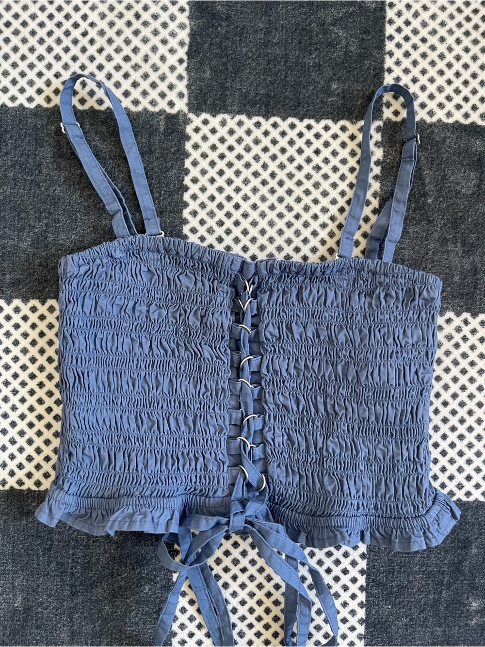 American Eagle Outfitters Blue Smocked Lace-Up Ruffle Crop Top